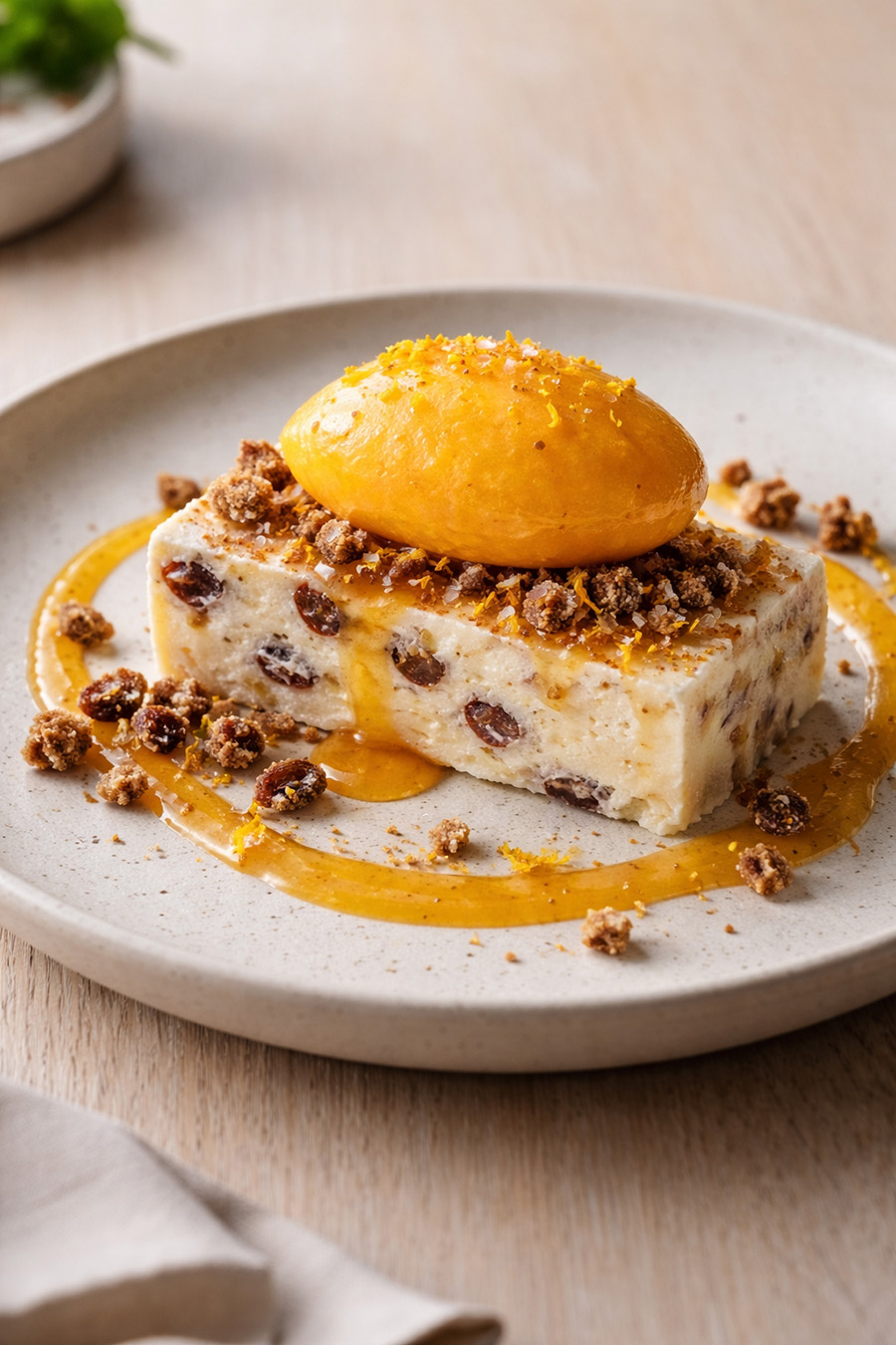 Semifreddo-inspireret is-terrine med Rom & Rosin, havtorn-sorbet og rugbrøds-knas