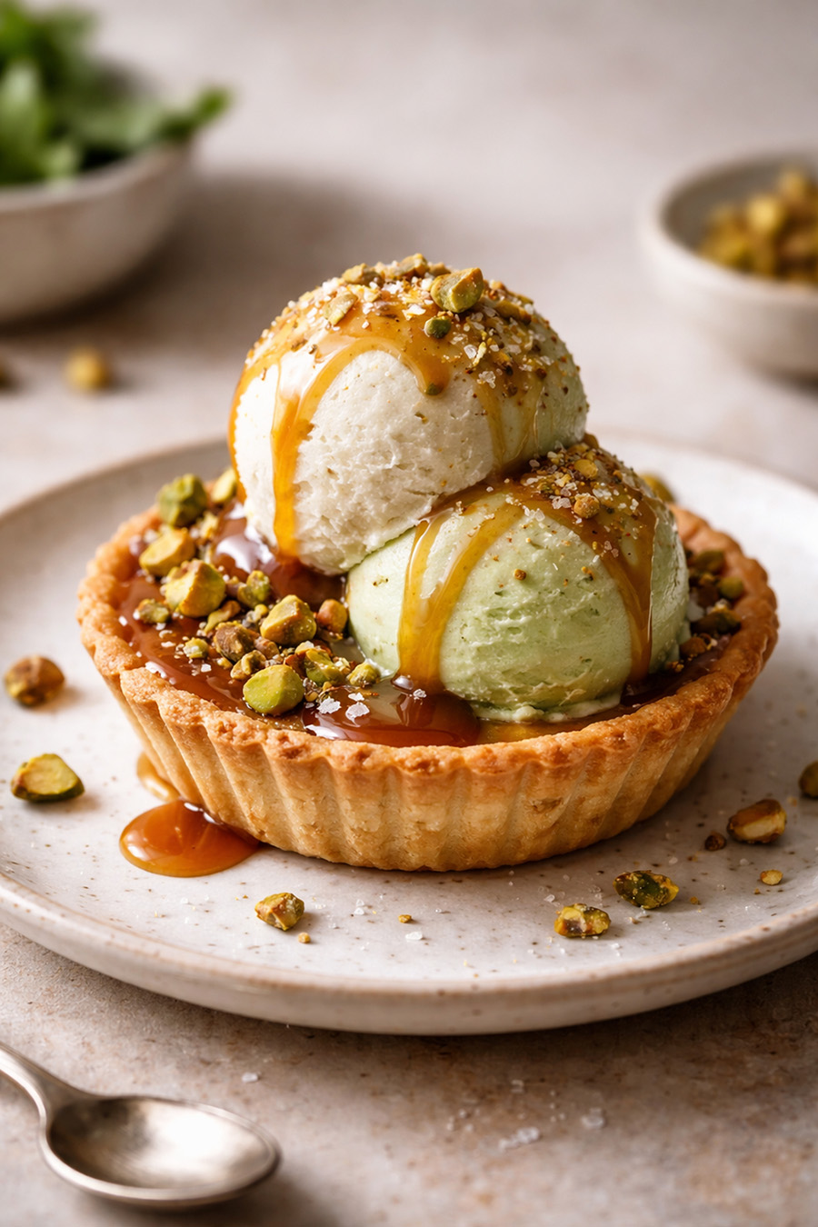 Luksus dessert med vanilje- og pistaciegelato, sprød mørdejsbund, karamelsauce og pistacieknas